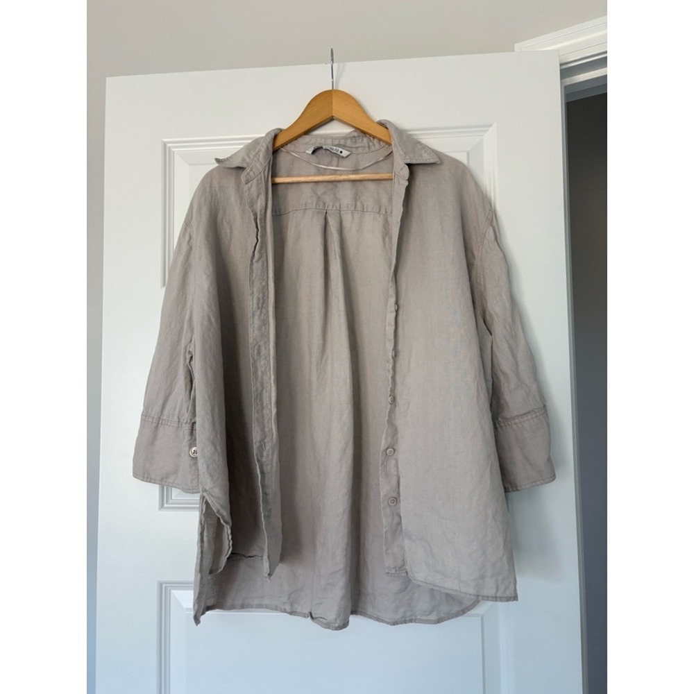 100% Linen Zara Taupe Button-Front Shirt Women's XL Beachy Lightweight